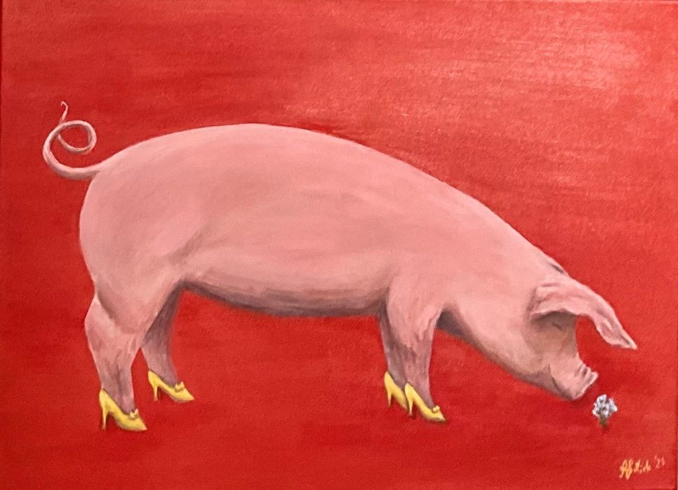 Różowe Serce i Żółte Szpilki - obraz akrylowy na płótnie 70x50