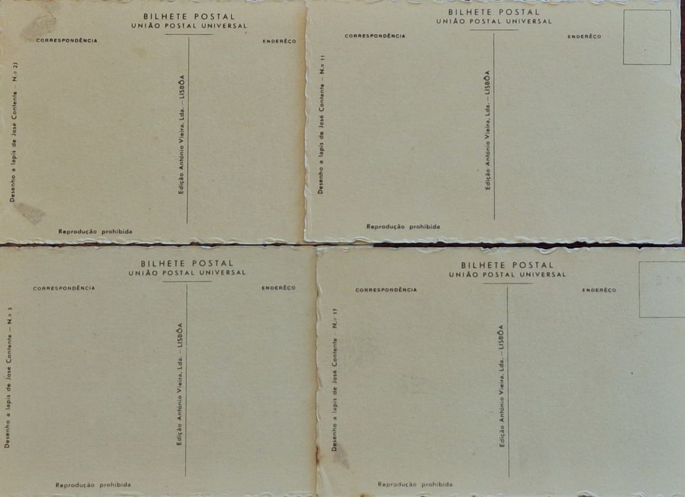 4 bilhetes postais desenhos de José Contente