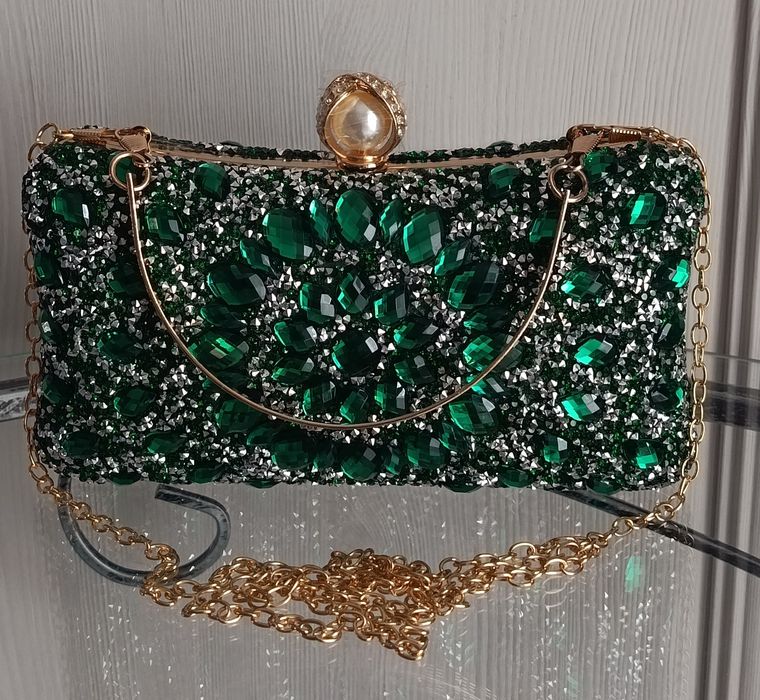 Zielona szmaragdowa kopertówka puzderko kryształy cyrkonie glamour 3d vintage styl gwiazd jakość