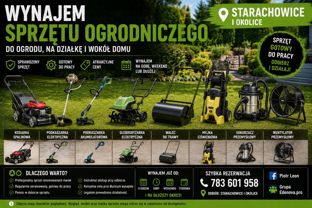 Wynajem sprzętu ogrodniczego Starachowice | Kosiarka spalinowa, podkaszarka, glebogryzarka, myjka ciśnieniowa, walec do trawy