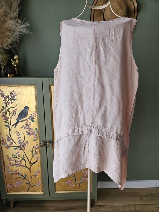 Lniana tunika damska bluzka oversize pudrowy róż Marisa Marie M 100% L