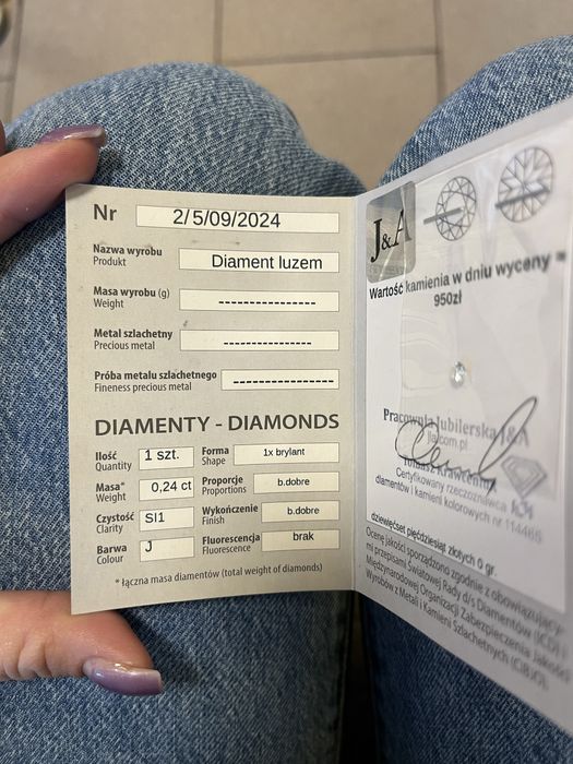 Diament luzem 0,24 ct | Brylant | Certyfikat | SI1 | J