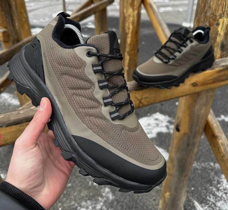Мужские Зимние Кроссовки на Меху цвет Хаки Высокие Ботинки