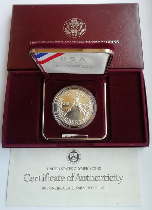 США 1 долар 1988р. (D) СРІБЛО. Олімпійські ігри в Сеулі. Сертифікат.