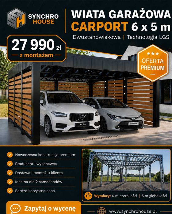 Wiata garażowa Carport 6x5 m dwustanowiskowa LGS | producent | montaż