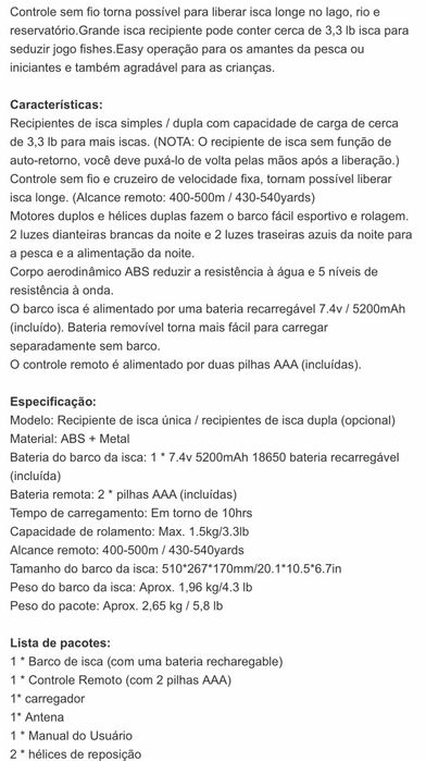 Barco para transporte de engodo 2 depósitos bateria 5200 mah 300-500m