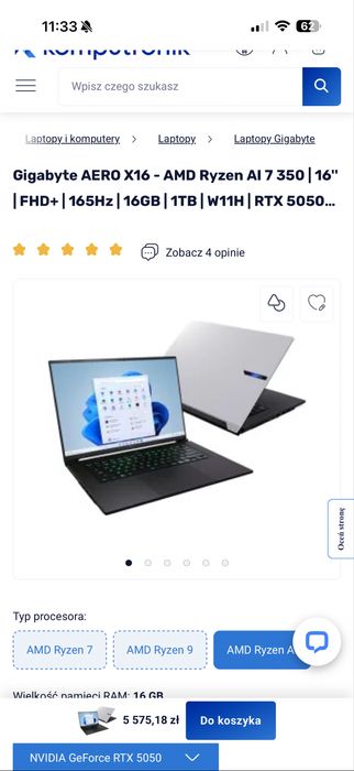 Laptop Gigabyte Aero x16 jak nowy