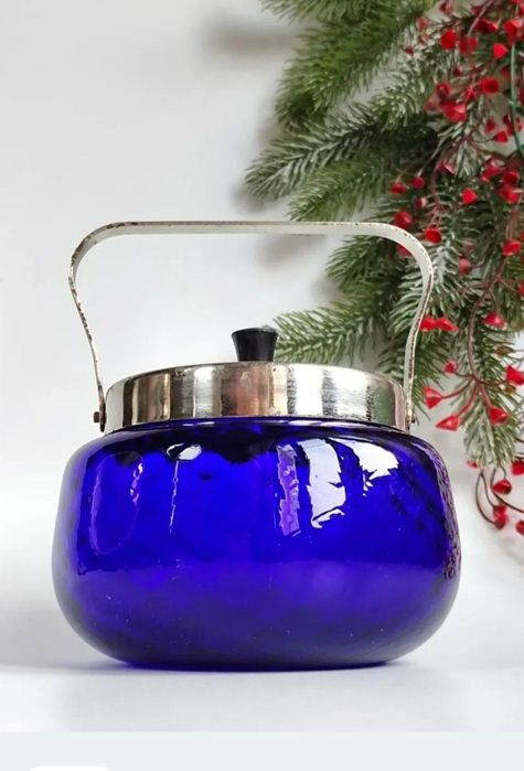 Сахарница цукорниця ваза на ножке кобальт старинное стекло  подарок