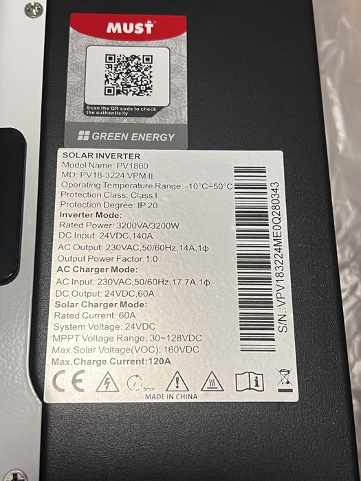 Гібридний сонячний інвертор Must  3.2 кВт / 24в / МРРТ 60А