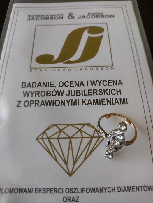 Pierścionek złoty 585 z 15szt diamentów certyfikat Jacobson