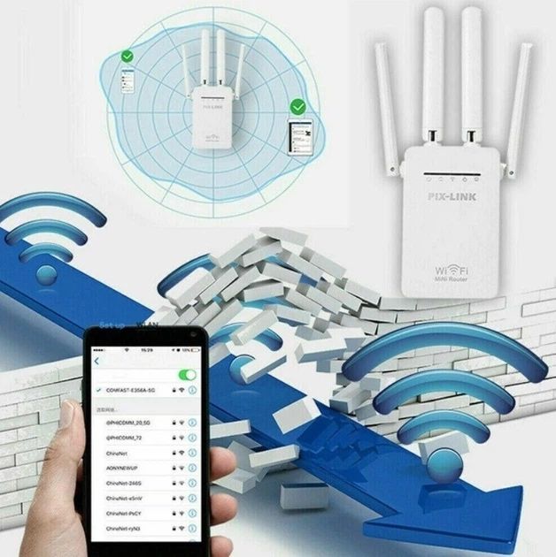Репітер підсилювач WiFi сигналу з 4-ма вбудованими антенами Pix-Link