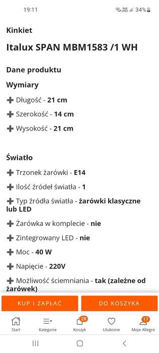 2  Kinkiety Italux biały, chrom E14 40 W