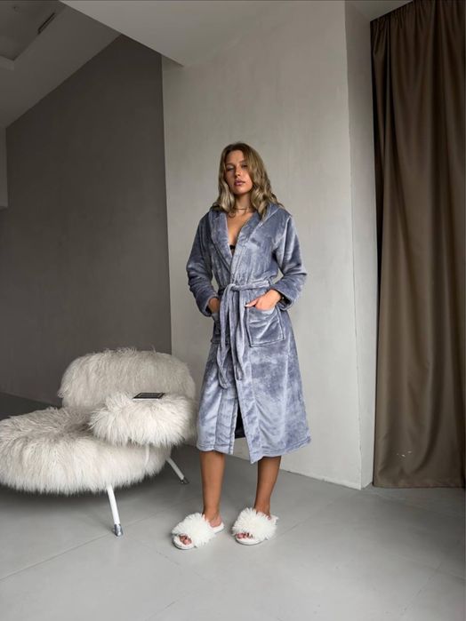 М/L та XL/XXL Мʼякий халат зі шліфованої махри з подвійним капюшоном