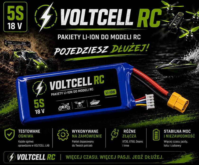 Pakiet Li-Ion 18650 Bateria RC 5S1P 18 V 3000mAh XT30 XT60 Deans | VOLTCELL Akumulator  FPV RC Gogle Dron
