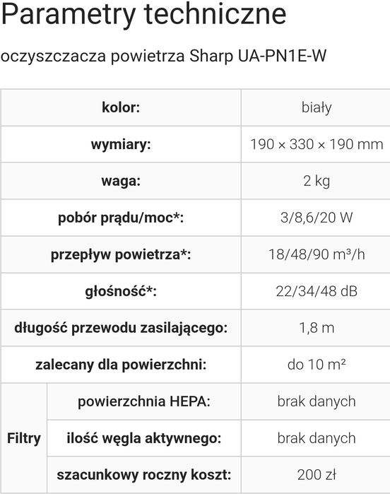 Oczyszczacz powietrza Sharp UA-PN1E-W