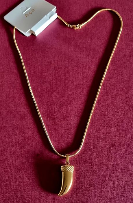 Colar dourado, em aço, com pingente em forma de corno.