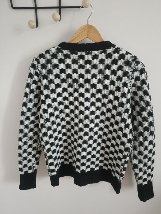 Sweter wełna czarny biały kratka okrągły dekolt klasyczny Reiss 36