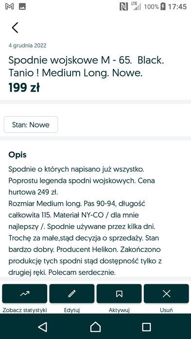 Spodnie wojskowe. M 65. Black. Nowe. Rozmiar Medium Long. Tanio !
