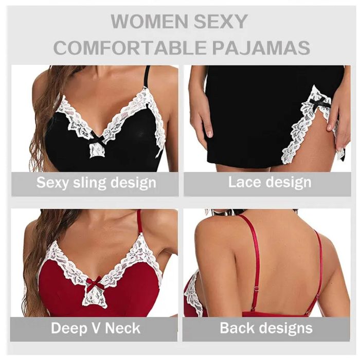 Seksowna koszula nocna koronkowa jedwab satyna dekolt czerwony roz M