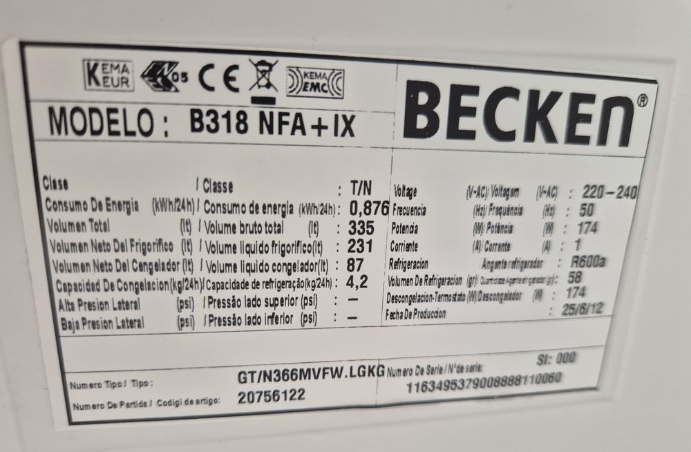 Frigorífico Becken B318 NFA+IX em Bom  Estado
