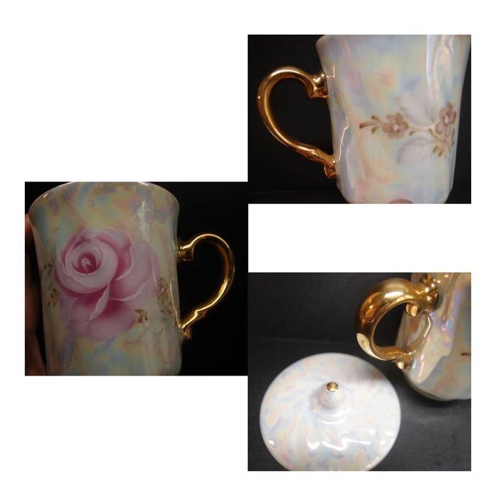 Красива з позолотою та перламутром порцелянова чашка з кришкою на вибі