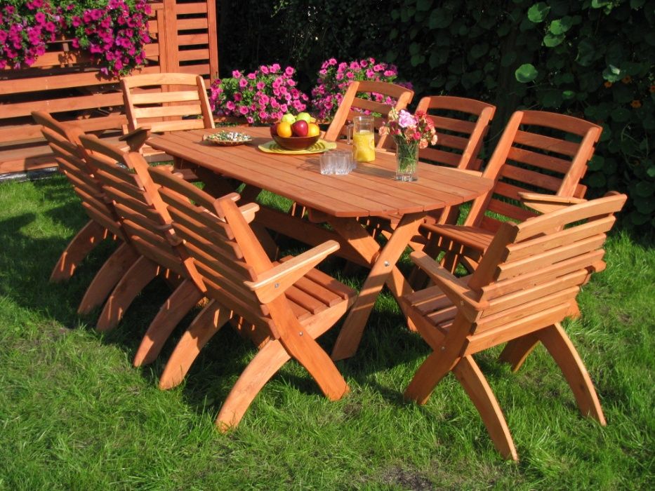 Meble ogrodowe drewniane składane 8 krzeseł + stół owalny, typ X