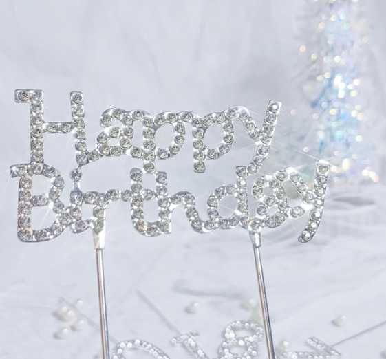 Topper na tort 30 urodziny srebrny kryształki Happy Birthday NOWY