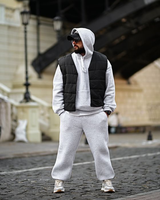 чоловічий спортивний костюм 3в1 сірий/комплект худі штани жилетка