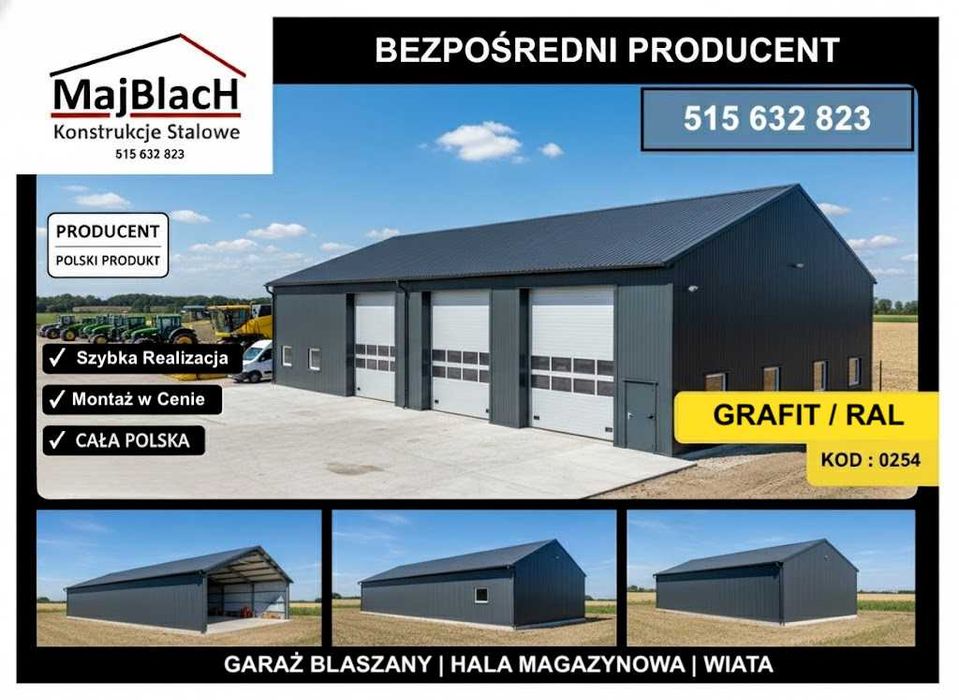 Garaż Blaszany Grafitowy Magazyn Stalowy – Wiata – Hala  – Maj-BlacH