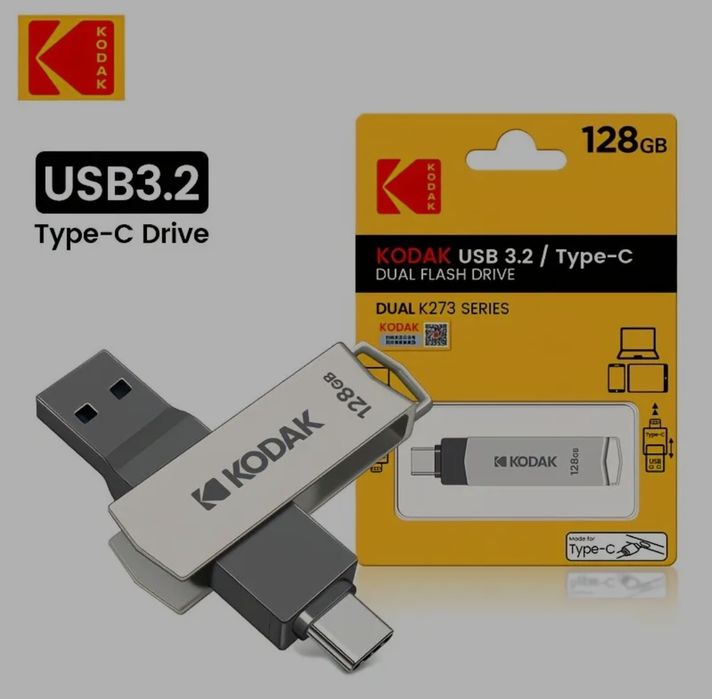 Флешка Kodak K273, 64 ГБ накопитель с (USB 3.2 и Type-C)
