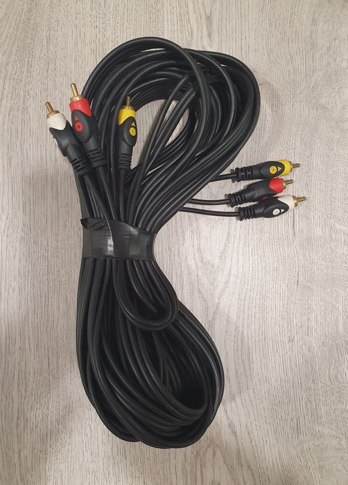 Кабель Audio-Video  3RCA, 10 м черный для подключения телевизора и приставки, тюльпаны 3RCA, композитный.
