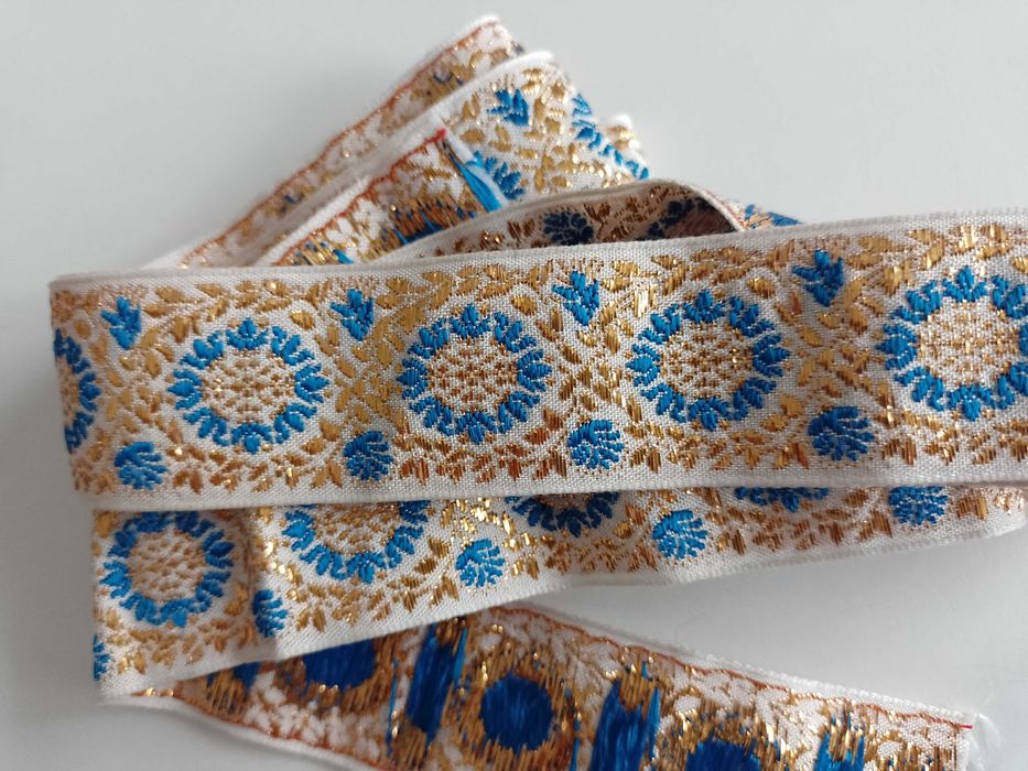 Taśma żakard 3cm złoto i chaber piękna 2m