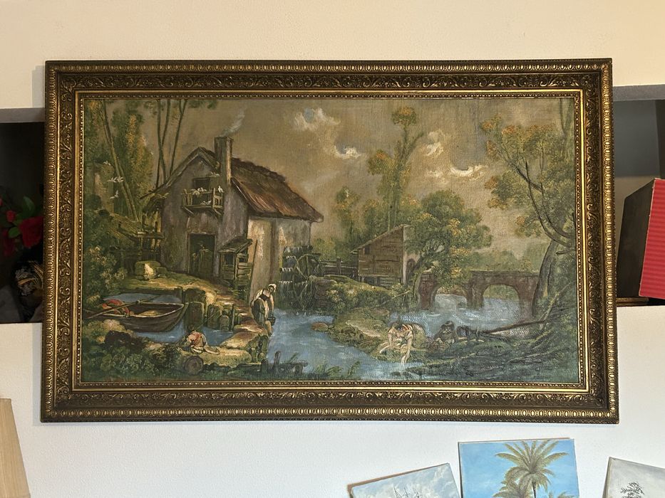 Quadro Antigo Pintura a Óleo - Cena Rural com Moinho e Rio