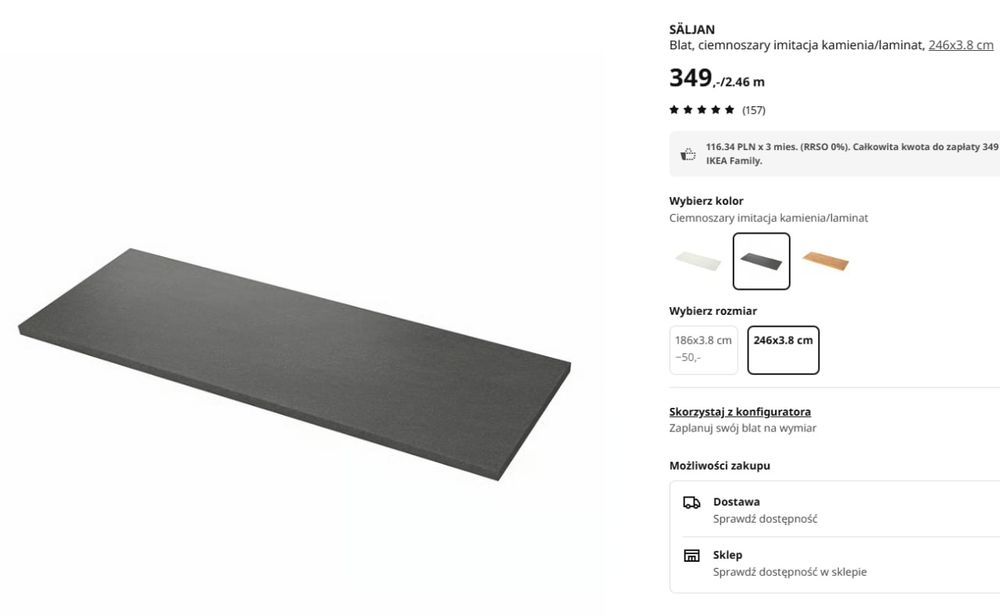 Blat kuchenny / biurkowy IKEA SÄLJAN 246x63.5 cm ciemnoszary, jak NOWY!
