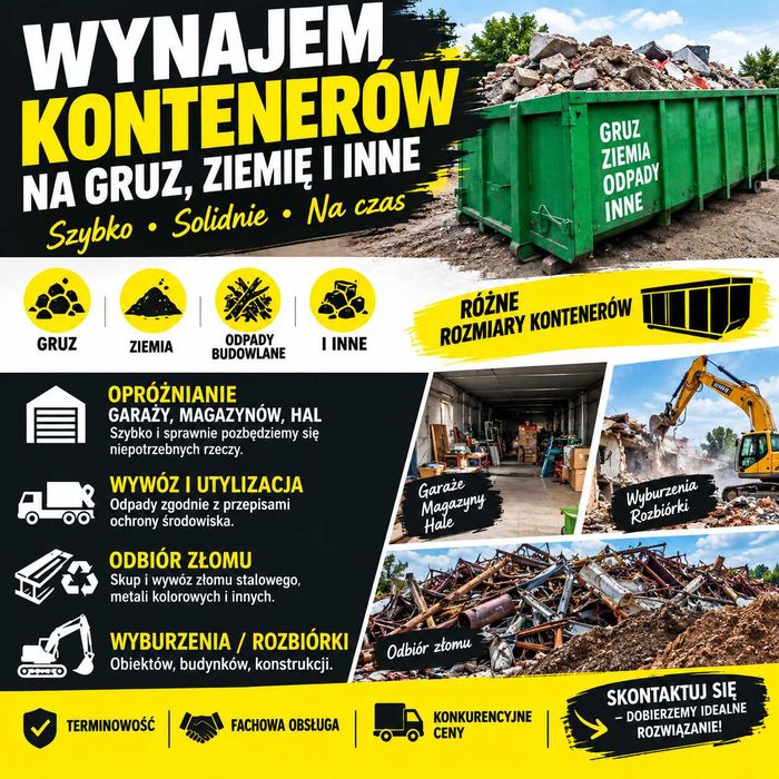 Wynajem kontenerów na gruz  ziemię i inne odpady |  Wywóz | Opróżnianie | Złom | Wyburzenia | Rozbiórki | Minikoparka | Koparka | Hakowiec