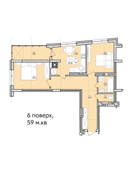 2-к квартира в сучасному будинку, 15 квітня, К15