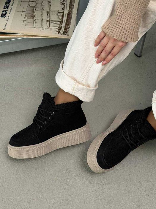 Жіночі зимові кросівки-черевики чорні, на хутрі, 36-41, замшеві