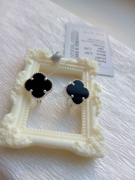 Срібні сережки конюшина Van Cleef чорні онікс клевер Ван Кліф 925 білі