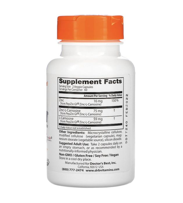 Doctor´s Best, PepZin GI, комплекс цинк-L-карнозина, 120 капсул