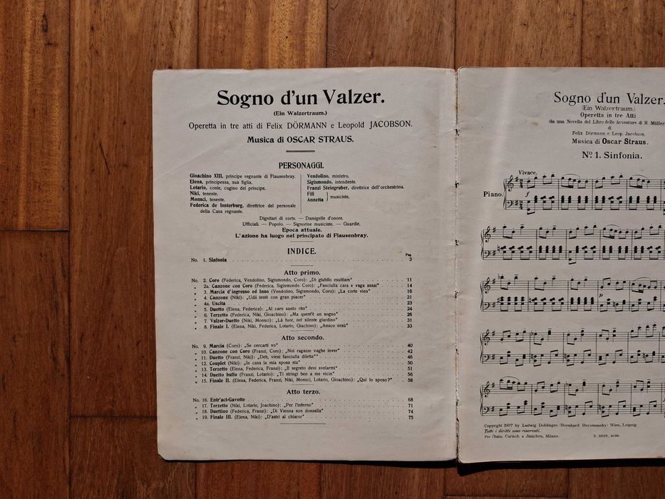 Partitura Piano Antiga - Opereta "Sogno d'un Valzer" - Oscar Strauss