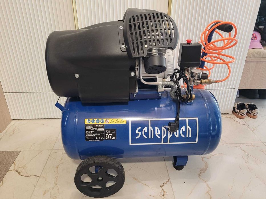 Kompresor olejowy, 2 tłokowy, sprężarka Scheppach HC53DC 10bar 50L