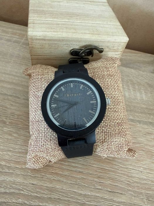 NOWY Zegarek Drewniany NIWATCH Czarny Heban Skóra Prezent Boho