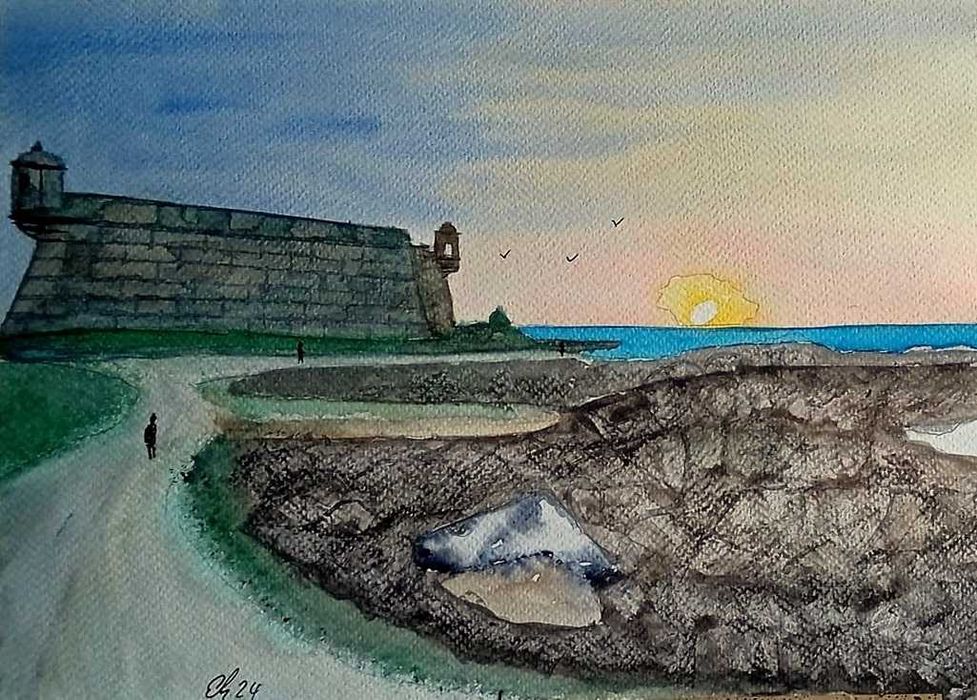 Aguarela pintada a mão " Impressões do castelo do queijo"