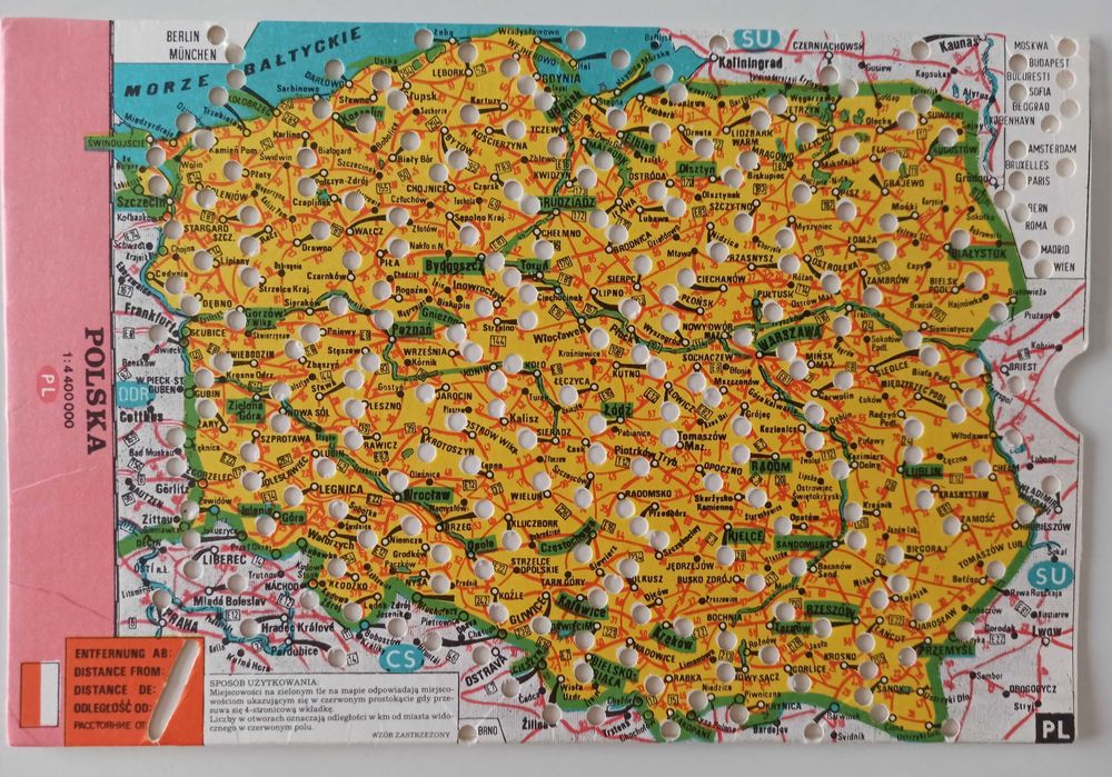 mapa Polski pokazująca dystans w km unikat PRL 22 x 15 cm
