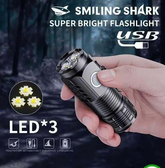 Мощный ручной фонарик Smiling Shark, 3 светодиода, LED аккумуляторный