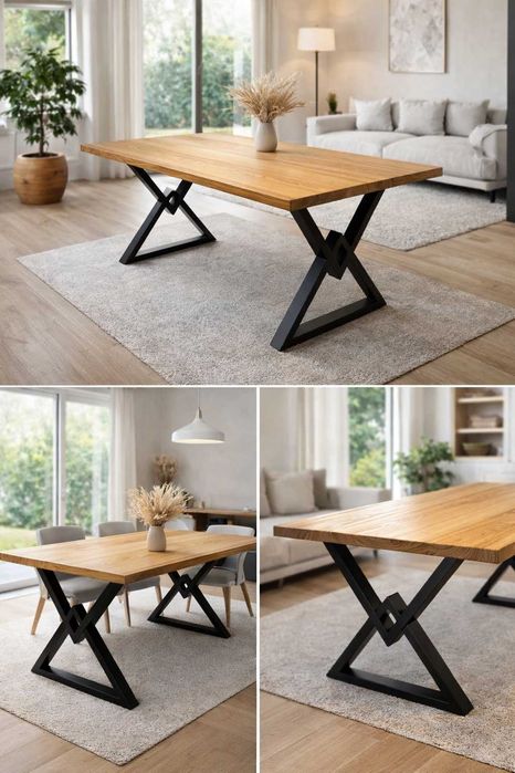 Stół dębowy z metalowymi nogami - Styl Loft