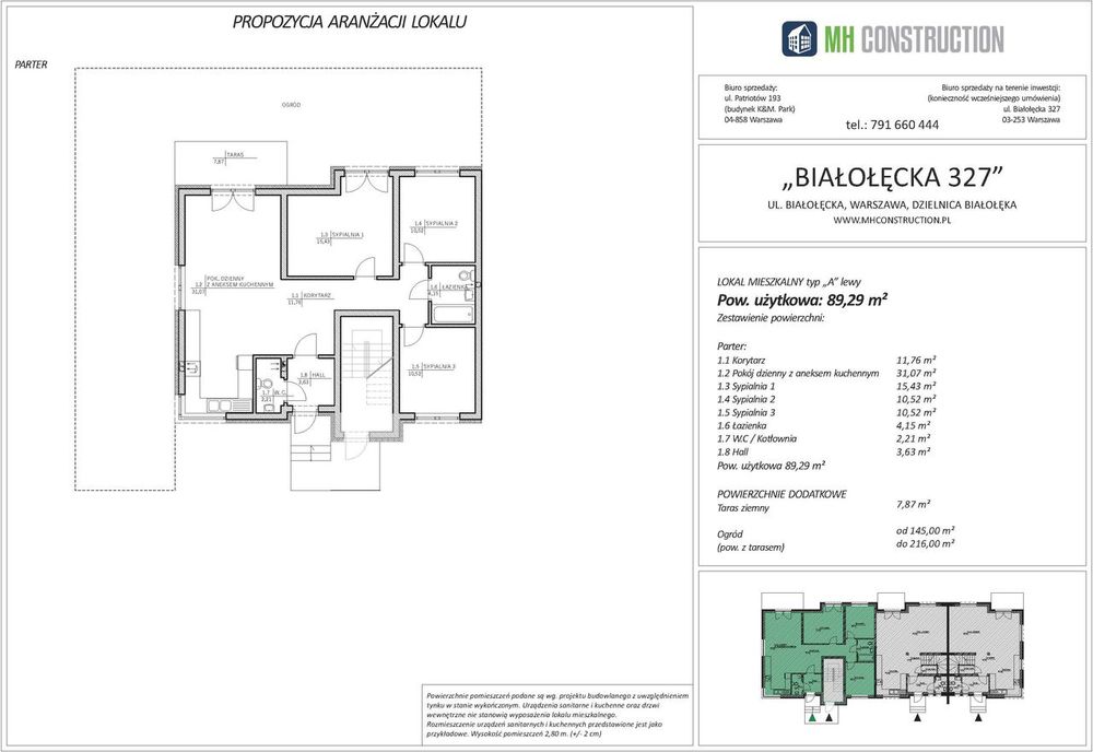 Białołęcka 327 mieszkanie 89m2 salon + 3 sypialnie ogród 152m2