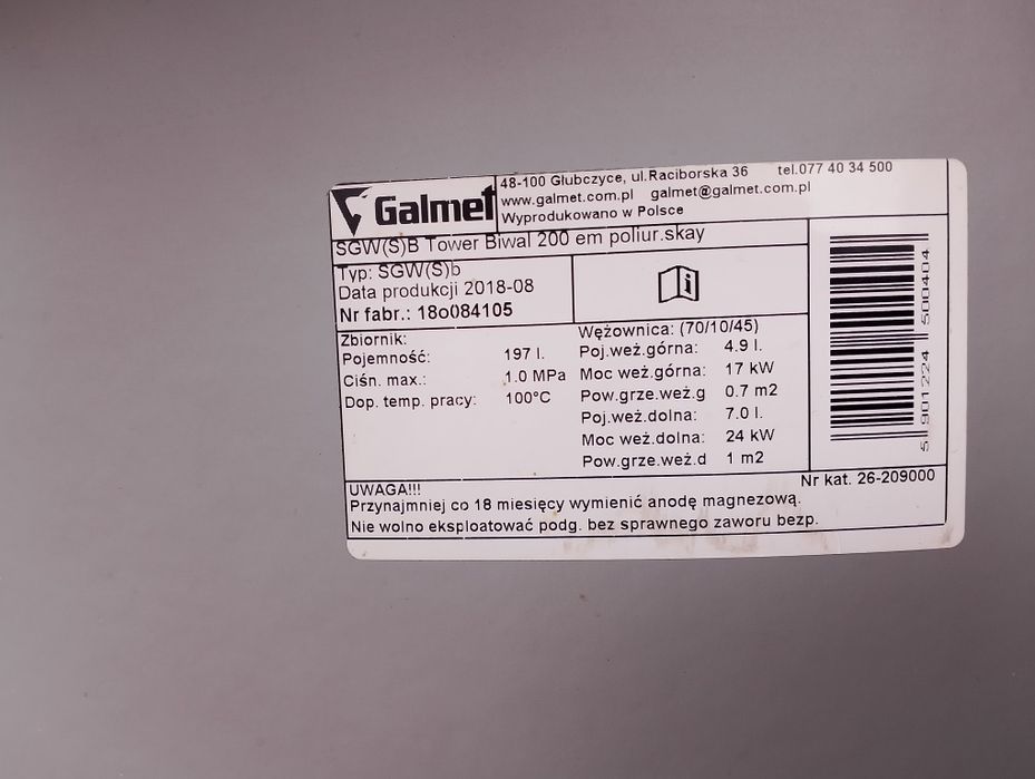 Zbiornik Galmet 200l dwie wężownice grzałka