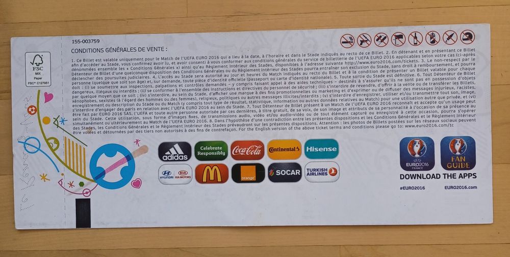 Raro bilhete Portugal Áustria Euro 2016