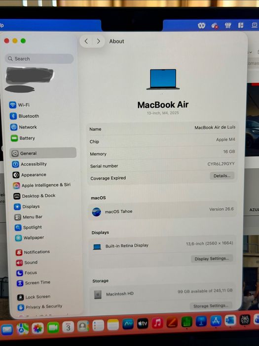 MacBook Air 13” M4 (2025) | 16GB RAM | 256GB SSD | Estado impecável | Bateria 100%